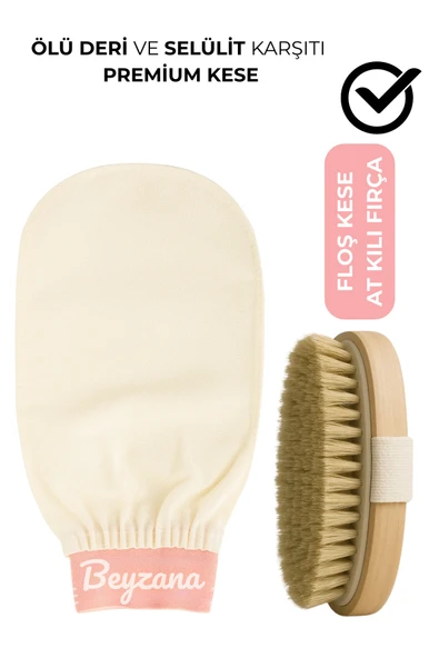 2’li Set Ekru Banyo Duş Kesesi Peeling Eldiveni %100 Floş Ipek & Doğal At Kılı Selülit Fırçası