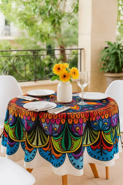 Yuvarlak Etnik Desenli Duck Kumaş Masa Örtüsü 150X150 Cm - 3