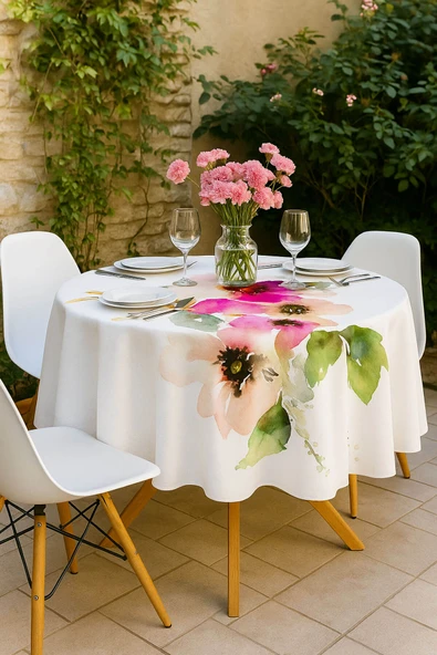 Yuvarlak Pastel Çiçek Desenli Duck Kumaş Masa Örtüsü 150x150 Cm - 4