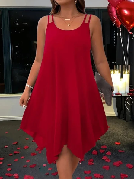 Kadın Askılı Yuvarlak Asimetrik Kesim Detaylı Viskon Elbise - Resim 3