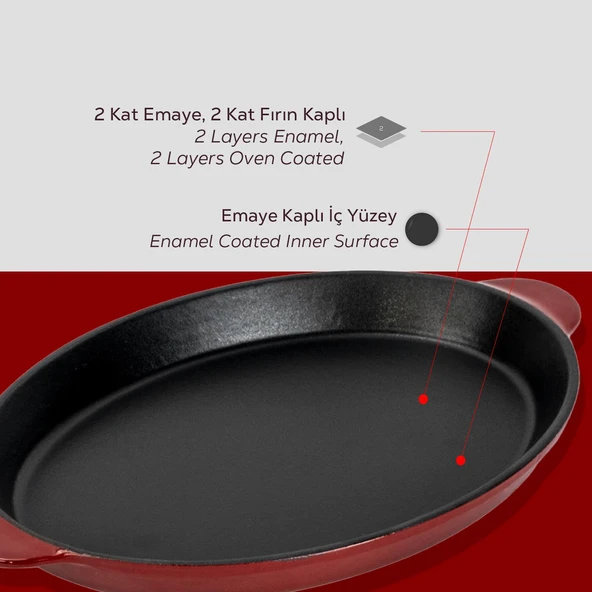 Lava Döküm Oval Fajita Tabağı Döküm Demir Yekpare Çift Kulplu Ölçü 18x24cm.-Bordo - 6