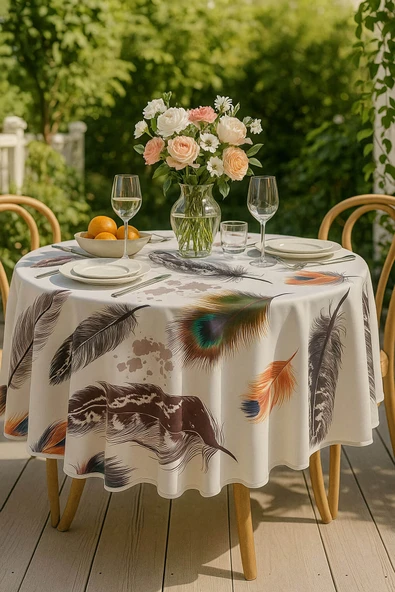 Yuvarlak Tüy Desenli Duck Kumaş Masa Örtüsü 150x150 Cm - 3