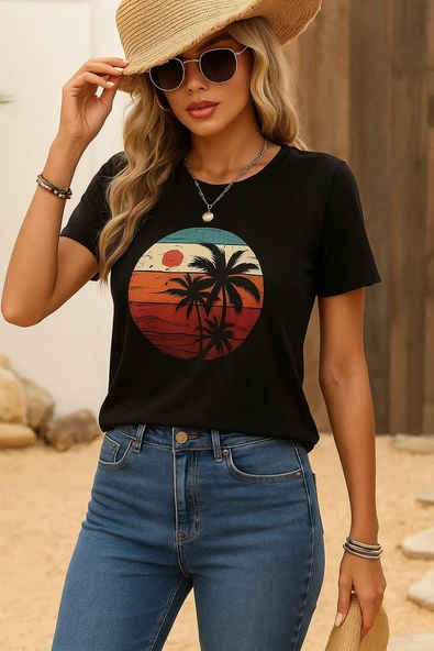 Kadın Kısa Kollu Palmiye Baskılı Viskon T-shirt ürün görseli