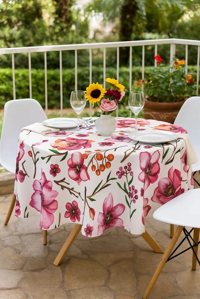 Yuvarlak Çiçek Desenli Duck Kumaş Masa Örtüsü 150x150 Cm - 2
