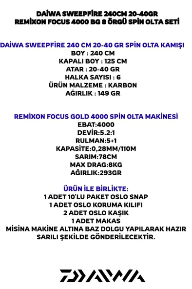 Daiwa Sweepfire 240cm 20-40gr Remixon Focus BG 4000 8 Örgü Spin Olta Seti - Resim 2