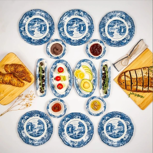 Fecra Vintage Blue 14 Parça Kahvaltı Takımı