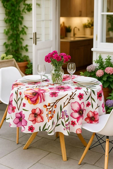 Yuvarlak Çiçek Desenli Duck Kumaş Masa Örtüsü 150x150 Cm - 4