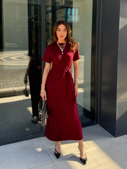 Kadın Kısa Kollu Bisiklet Yaka Yandan Bağlamalı Viskon Iki Iplik Elbise ürün görseli