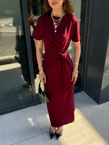 Kadın Kısa Kollu Bisiklet Yaka Yandan Bağlamalı Viskon Iki Iplik Elbise - Resim 3