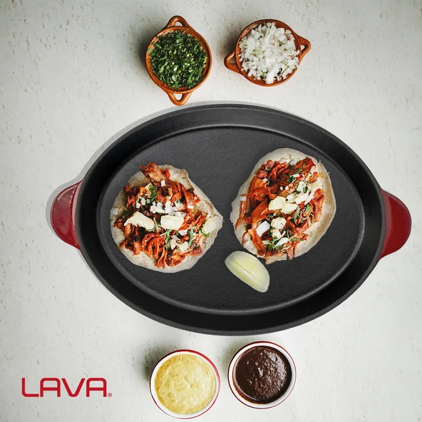 Lava Döküm Oval Fajita Tabağı Döküm Demir Yekpare Çift Kulplu Ölçü 18x24cm.-Bordo - 7