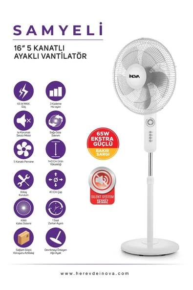herevdeinova VANTİLATÖR İnova Samyeli 16inç 40 Cm 65 Watt Zaman Ayarlı 5 Pervane Ağırlıklı Ayaklı Lüks Serinletic ürün görseli