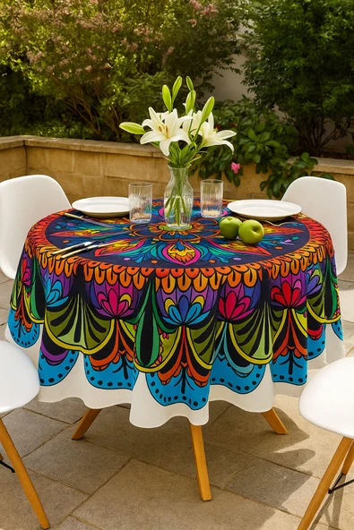 Yuvarlak Etnik Desenli Duck Kumaş Masa Örtüsü 150X150 Cm - 2
