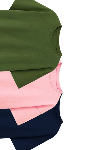 Besic 3'Lü  Kız Çocuk T-Shirt ( Pembe - Haki - Lacivert ) - 2
