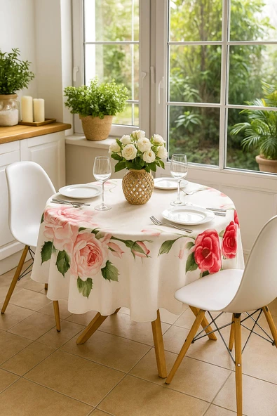 Yuvarlak Gül Desenli Duck Kumaş Masa Örtüsü 150x150 Cm - 2