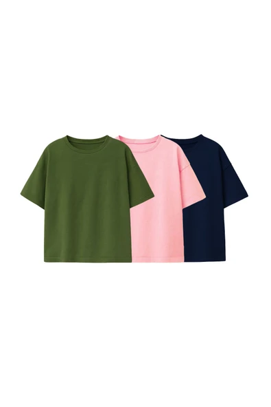Besic 3'Lü  Kız Çocuk T-Shirt ( Pembe - Haki - Lacivert ) - 1