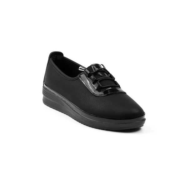 Kadın Siyah Rugan Detaylı Ortopedik Anne Ayakkabısı - Rahat Kaymaz Taban, Bağcıklı Günlük Yürüyüş Ayakkabısı - 3