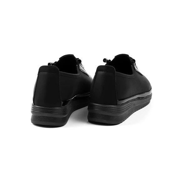 Kadın Siyah Rugan Detaylı Ortopedik Anne Ayakkabısı - Rahat Kaymaz Taban, Bağcıklı Günlük Yürüyüş Ayakkabısı - 2