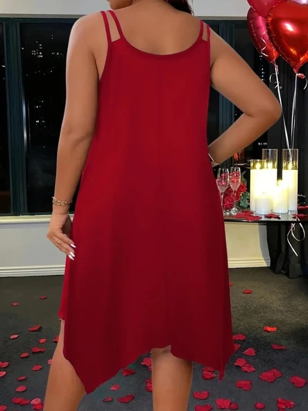 Kadın Askılı Yuvarlak Asimetrik Kesim Detaylı Viskon Elbise - Resim 2