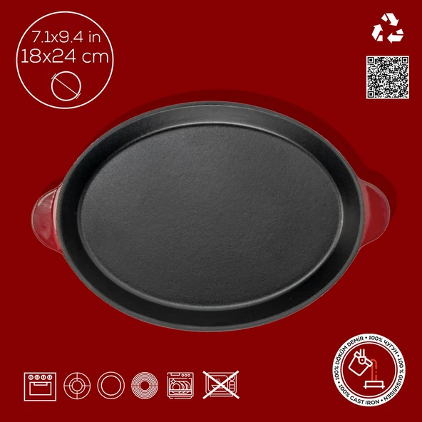 Lava Döküm Oval Fajita Tabağı Döküm Demir Yekpare Çift Kulplu Ölçü 18x24cm.-Bordo - 4