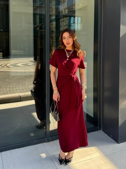 Kadın Kısa Kollu Bisiklet Yaka Yandan Bağlamalı Viskon Iki Iplik Elbise - Resim 2