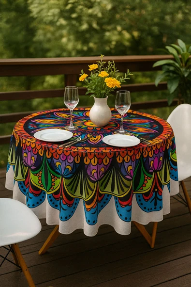 Yuvarlak Etnik Desenli Duck Kumaş Masa Örtüsü 150X150 Cm - 4