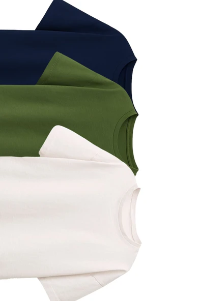 Besic 3'Lü Unisex Çocuk T-Shirt ( Beyaz - Haki - Lacivert  ) - Resim 2