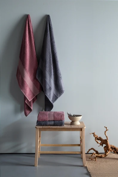 Lotus 90x150 CM 4'Lü Gül Kurusu/Koyu Gri Havlu Aile Seti