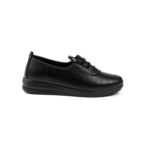 Kadın Siyah Krodil Desenli Ortopedik Anne Ayakkabısı - Rahat Kaymaz Taban, Bağcıklı Günlük Yürüyüş Ayakkabısı - Resim 2