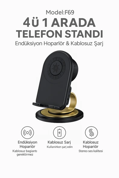 F69 4’ü 1 Arada Telefon  Tablet Standı Kablosuz Şarj  Cihazı  Endüksiyon Hoparlörlü