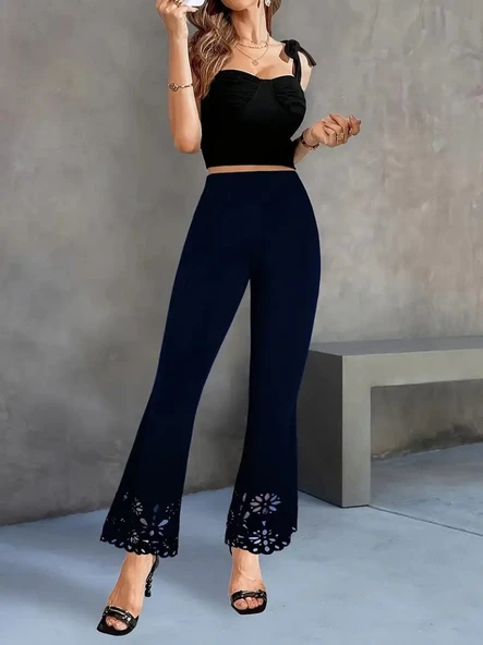 Kadın Yüksek Bel Paçaya Doğru Genişleyen Lazer çiçek Kesim Detaylı Ithal Krep Pantolon - Resim 3