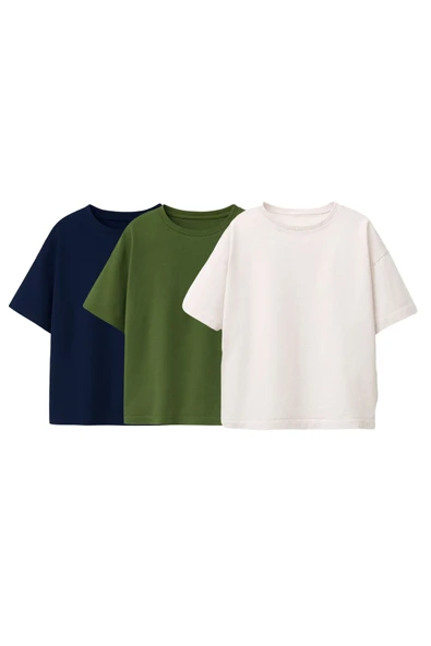 Besic 3'Lü Unisex Çocuk T-Shirt ( Beyaz - Haki - Lacivert  ) ürün görseli