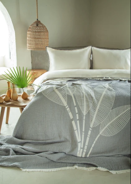 Çift Kişilik June Gri Müslin Yatak Örtülü Nevresimli Pike Takımı