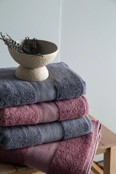 Lotus 90x150 CM 4'Lü Gül Kurusu/Koyu Gri Havlu Aile Seti - 3