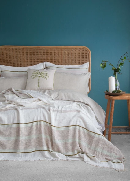 Çift Kişilik Cali Olive Pamuk Yatak Örtüsü Nevresim Seti