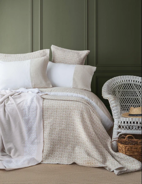 Çift Kişilik Omari Bej Timeless Yatak Örtüsü Nevresim Prime Set