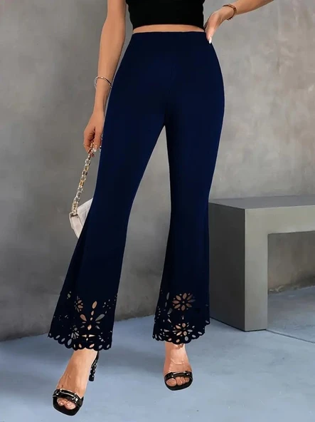 Kadın Yüksek Bel Paçaya Doğru Genişleyen Lazer çiçek Kesim Detaylı Ithal Krep Pantolon ürün görseli