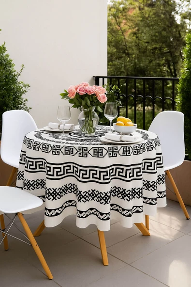 Yuvarlak Geometrik Siyah Desenli Duck Kumaş Masa Örtüsü 150x150 Cm - 3