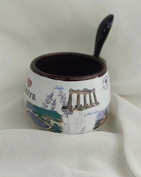 Bardak Kupa Seramik Kulplu Kaşıklı 100 ml Yöresel Meşrubat Su Kahve Bardağı Antalya Görselli - 5