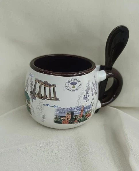 Bardak Kupa Seramik Kulplu Kaşıklı 100 ml Yöresel Meşrubat Su Kahve Bardağı Antalya Görselli - 6