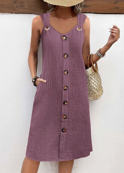 Kadın Askılı V Yakalı önden Düğmeli Narin Elbise - Resim 3