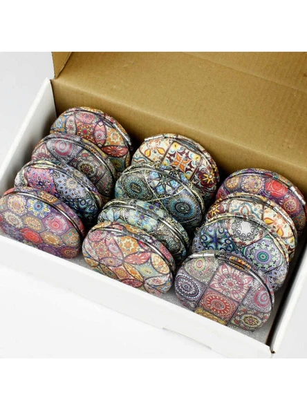 Otantik Mandala Tasarımlı Kozmetik Yuvarlak Cep Çanta Aynası Kapaklı El Makyaj Aynası 7CM - 7