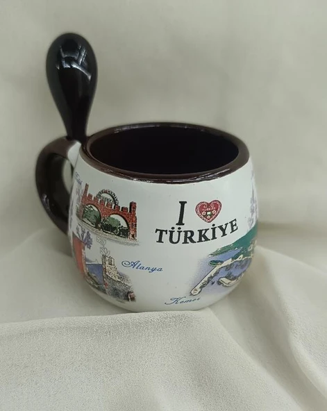 Bardak Kupa Seramik Kulplu Kaşıklı 100 ml Yöresel Meşrubat Su Kahve Bardağı Antalya Görselli - 8