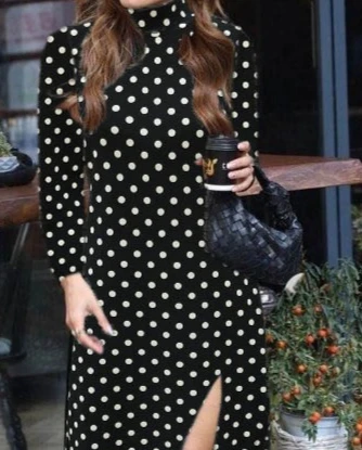 Kadın Uzun Kollu Balıkçı Yaka Yırtmaçlı Krep Elbise - Resim 2