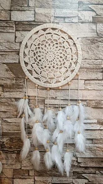 Düş Kapanı Makrome Dreamcatcher Ekru Kuş Tüyü Rüya Kapanı Duvar Süsü Elişi - 4