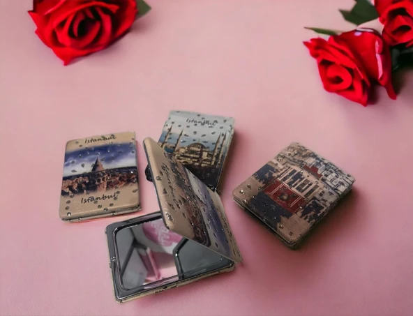 İstanbul Manzaralı Büyüteçli  Kozmetik Dikdörtgen Cep Çanta Aynası Kapaklı El Makyaj Aynası - 2