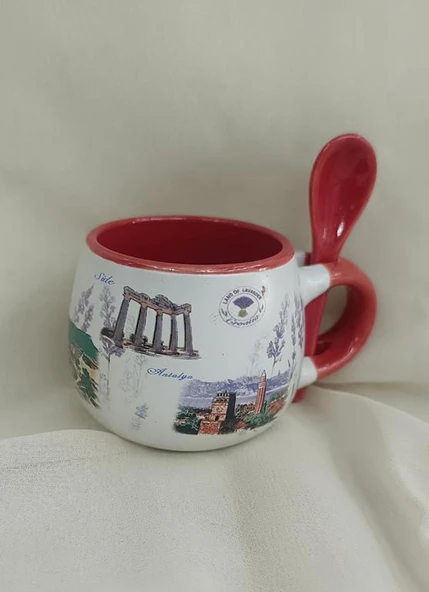 Bardak Kupa Seramik Kulplu Kaşıklı 100 ml Yöresel Meşrubat Su Kahve Bardağı Antalya Görselli