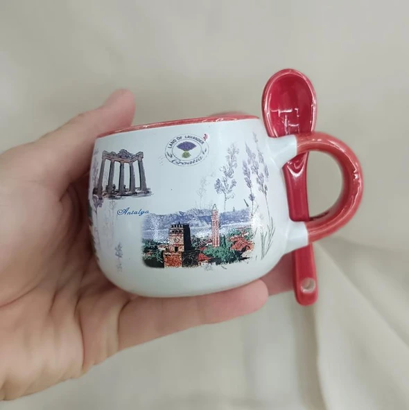 Bardak Kupa Seramik Kulplu Kaşıklı 100 ml Yöresel Meşrubat Su Kahve Bardağı Antalya Görselli - 2