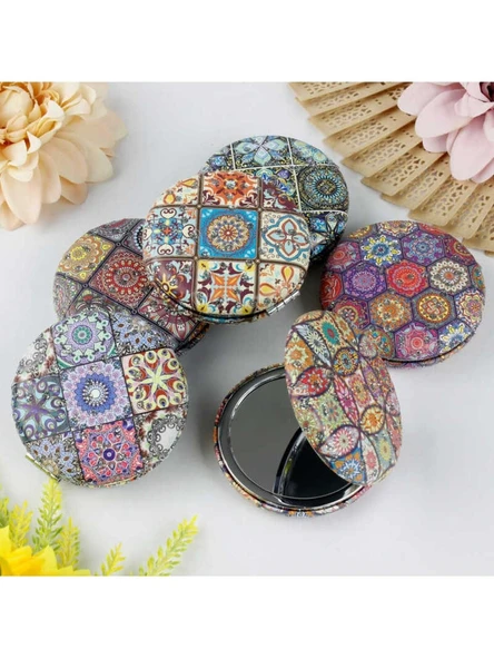 Otantik Mandala Tasarımlı Kozmetik Yuvarlak Cep Çanta Aynası Kapaklı El Makyaj Aynası 7CM