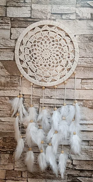 Düş Kapanı Makrome Dreamcatcher Ekru Kuş Tüyü Rüya Kapanı Duvar Süsü Elişi - 6