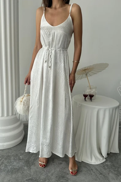 JAKAR SATEN DEGAJE ASKILI ELBİSE İP KEMERLİ - Beyaz - Resim 2